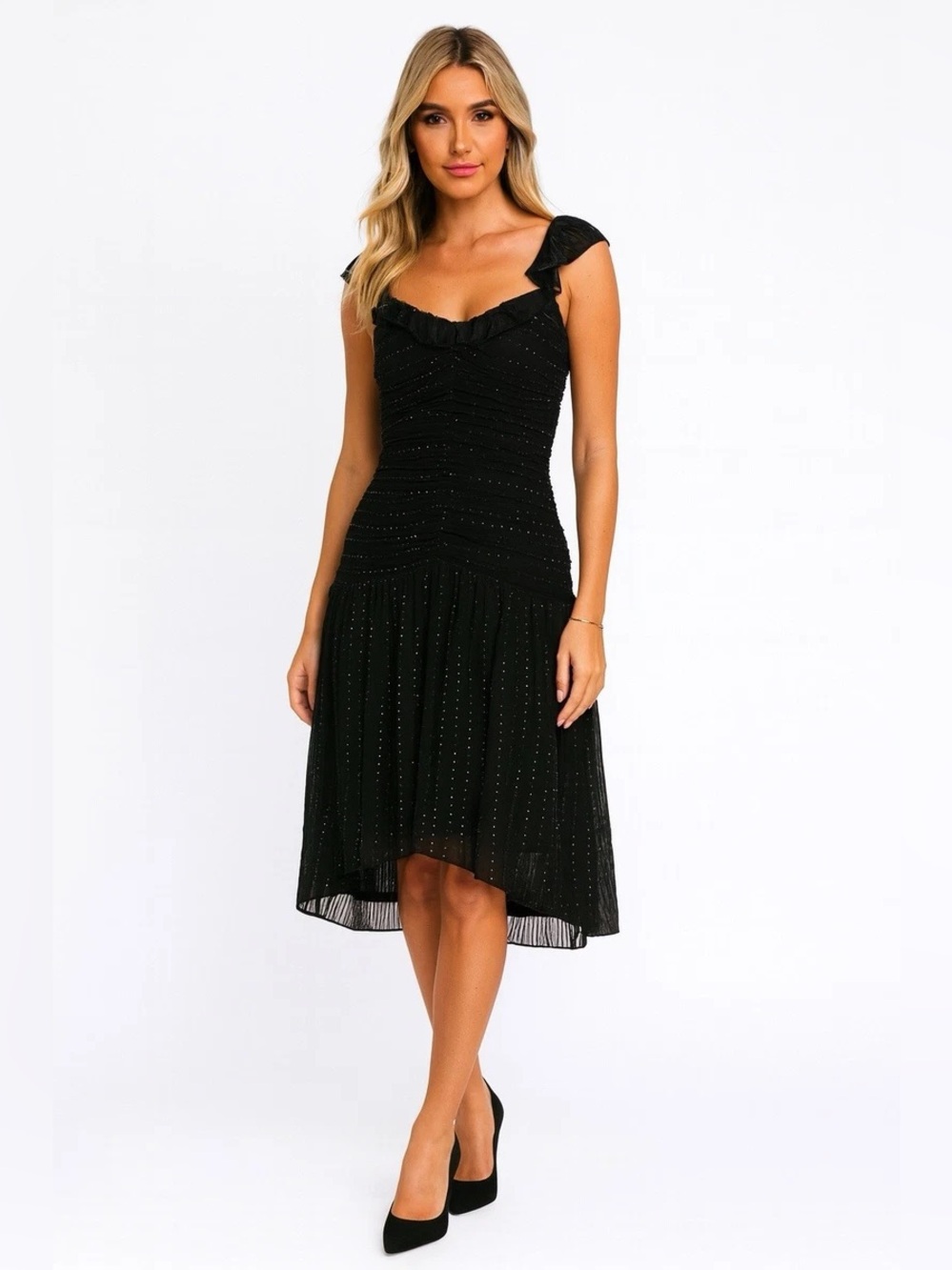 BCBGeneration Black Ruched Sparkle Midi Dress